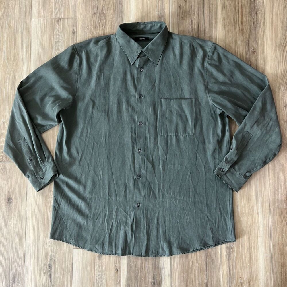 Mens 1990s Vintage Suede Look Button Down Shirt by Alfani sz XL in Olive Green
